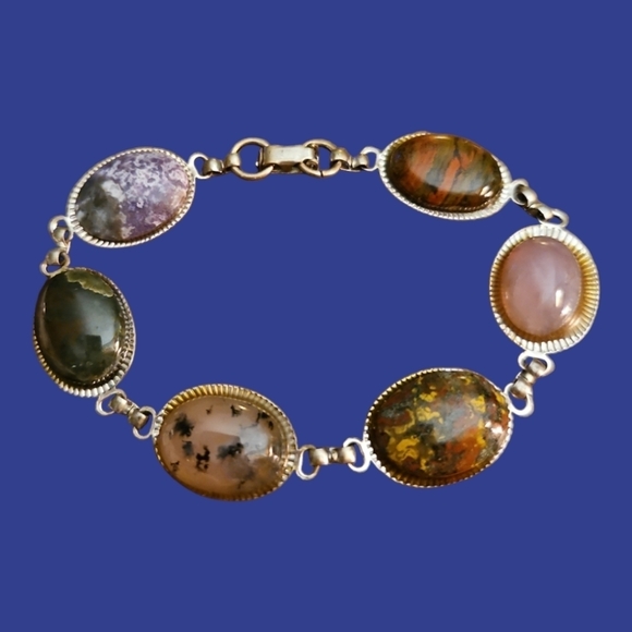 VTG 1970s Multi-gem Oval Cabochon Chain Bracelet - Picture 1 of 5